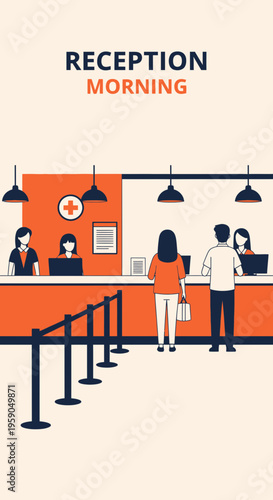 Reception Area Scene Depicting Patients and Staff Interacting During Morning Hours of Service