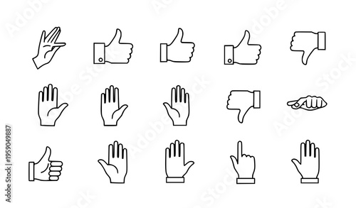 A collection of hand gesture icons including thumbs up and down and various pointing hands in a simple line art style on a white background