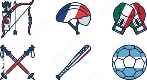 Olympic International Sports Equipment Icons, Archery Cycling Boxing and Skiing Gear
