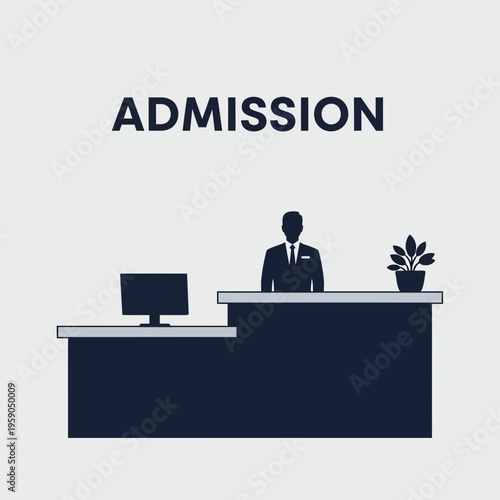Receptionist At Admission Desk In A Formal Setting With Computer and Potted Plant
