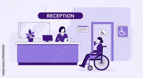Receptionist At Desk Assisting Patient With Mobility Issues In A Medical Facility Setting