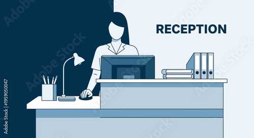 Receptionist At Desk Working On Computer With Blue Tones And Minimalist Design