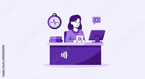 Receptionist At Hospital Desk Holding Medical File Ready For Patient Appointments