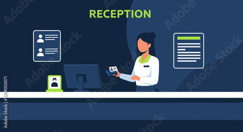 Receptionist at Desk: Illustration of Modern Office Administration and Customer Service