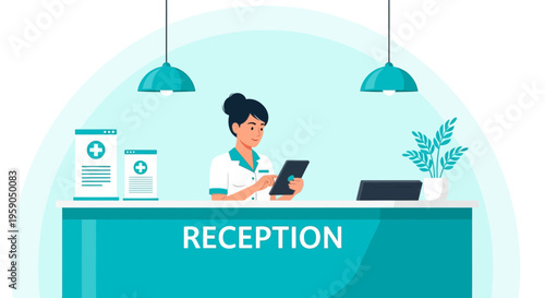 Receptionist At Hospital Desk Using Tablet In Modern Health Center Illustration
