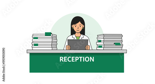 Receptionist At The Front Desk With Digital Tablet And Piles Of Papers