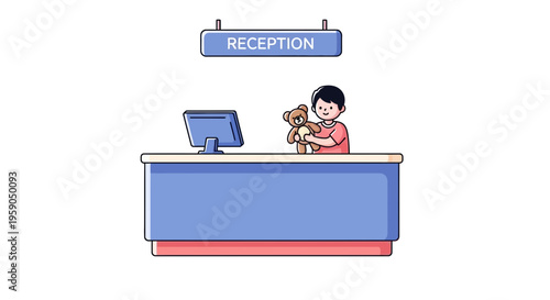 Receptionist Child Holding A Teddy Bear At The Front Desk In A Clinic Setting