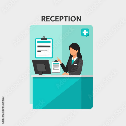 Receptionist At The Counter, Providing Support And Maintaining Medical Information Efficiently