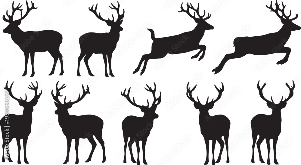 Obraz premium Deer silhouette collection with 9 vector elements, wild reindeer and stag buck icons, black forest animal shapes for hunting and nature design