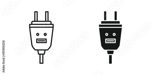 Two anthropomorphic power plugs with contrasting expressions and colors