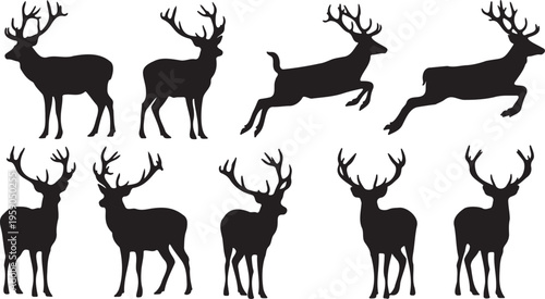Deer silhouette collection with 9 vector elements, wild reindeer and stag buck icons, black forest animal shapes for hunting and nature design