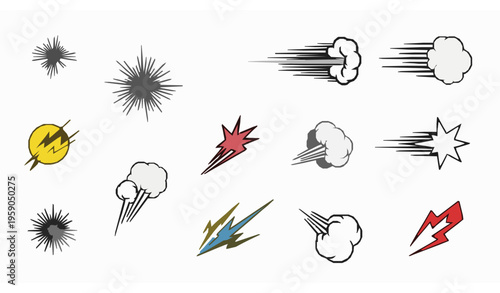A set of colorful comic book style explosion and lightning bolt illustrations on a white background