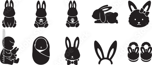 Minimalist rabbit silhouette collection, 10 black bunny icons for baby shower and Easter, cute animal character vector set for nursery decor