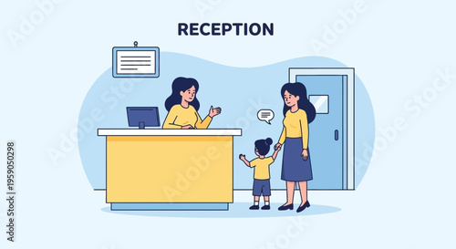 Receptionist Welcomes A Mother And Child With Warmth And Professionalism At A Clinic