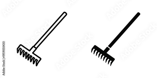 Two garden rakes with different handle orientations shown in black and white