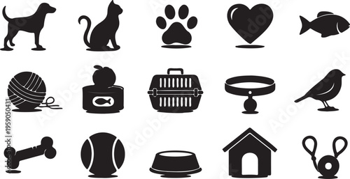 Pet shop icon set with 15 black silhouettes, veterinary and domestic animal care symbols, minimalist pet supply vector illustrations for web