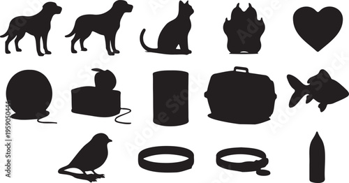 Pet shop silhouettes collection, 14 black animal icons and vet care elements, domestic pet silhouettes for veterinary clinics and grooming services