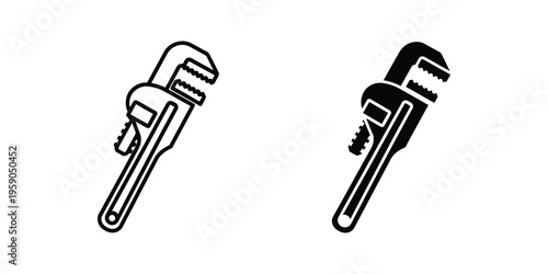 Two contrasting pipe wrenches depicted in a minimalist black and white style