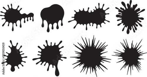 Black ink splat collection with 8 vector elements, dripping paint blotches and liquid spray shapes, grunge splatter silhouettes for graphic design