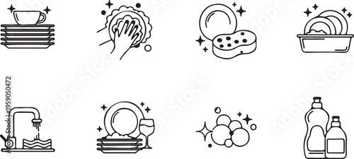 Minimalist dishwashing line icon set, 8 black and white kitchen cleaning vector elements, household chores and dish soap symbols for web design