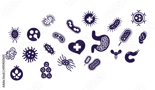 A collection of various bacteria and germ illustrations in a dark blue silhouette style on a white background with a heart and medical cross symbol