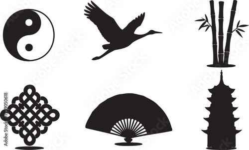 Traditional Asian culture icons set, black silhouette oriental symbols including crane and pagoda, 6 vector elements for zen and wellness design