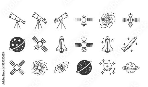 A collection of black and white vector illustrations depicting various space-related icons and symbols including telescopes satellites planets rockets and galaxies on a white background