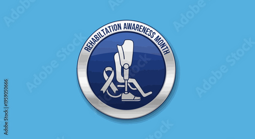 Rehabilitation Awareness Month Symbol with Prosthetic Leg and Wheelchair on Blue Backdrop