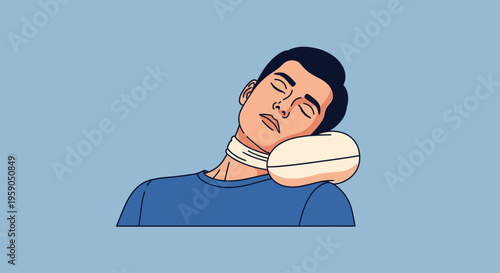 Resting Figure with a Neck Brace and Pillow Depicted in a Simplified Cartoon Style
