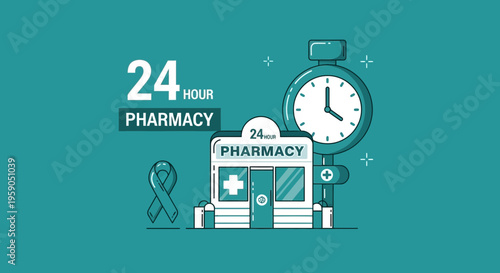 Round-The-Clock Pharmacy Services Depicted In Modern Illustration For Health Access