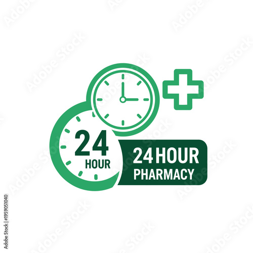 Round-the-Clock Pharmacy Service Emblem: Healthcare Availability, Emergency Medical Aid