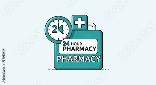 Round-The-Clock Pharmacy Illustration Featuring Timepiece and Medical Symbol Iconography