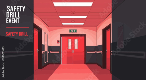 Safety Drill Event Illustration: Interior Corridor Design with Emergency Exit Sign