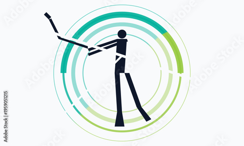 A minimalist graphic illustration of a person playing golf set against a circular radial design