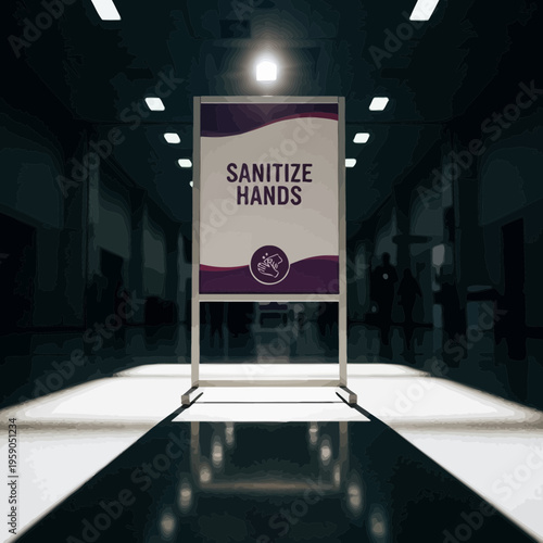 Sanitize Hands Signage Illuminated In Dark Corridor Emphasizing Hygiene Regulations and Safety