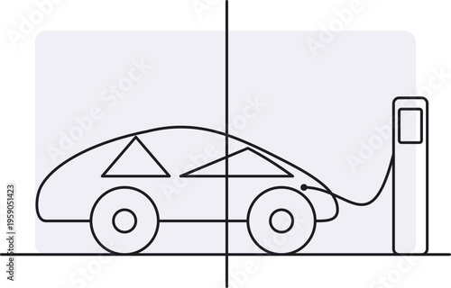 A minimalist line art illustration of an electric vehicle parked and connected to a charging station