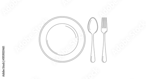 Minimalist Line Art: Plate, Spoon, and Fork - Simple Dining Utensils Icon