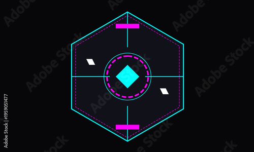 A minimalist neon blue and magenta hexagonal geometric graphic design on a solid black background