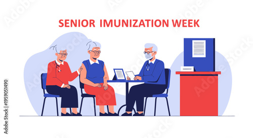 Senior Immunization Campaign Illustration: Elderly Health, Vaccination and Medical Consultation,