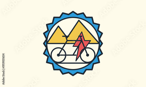 A flat vector illustration of an electric bicycle in front of yellow mountains in a blue seal