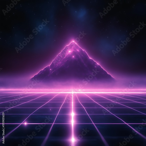 Retro futuristic landscape with glowing mountain and grid