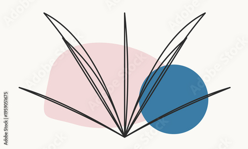 Minimalist graphic art featuring black line leaves layered over abstract pink and blue shapes