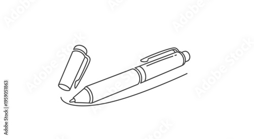Minimalist Line Drawing of a Ballpoint Pen with Cap