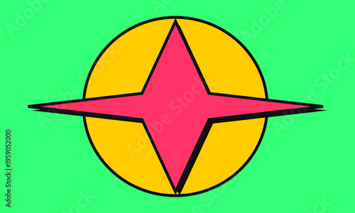 A vibrant digital graphic featuring a sharp pink four-pointed star centered on a bright yellow disc