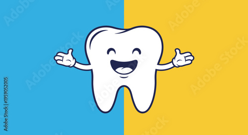 Smiling Cartoon Tooth With Arms and Thumbs Up Gesture Against Blue and Yellow Background