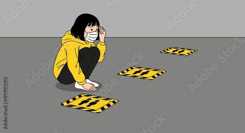 Social Distancing Guidelines With Illustration of a Person With a Mask and Floor Markers