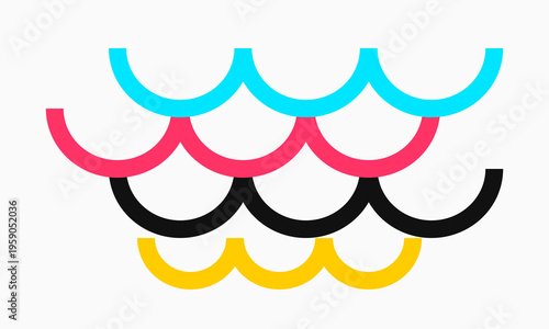 Abstract illustration of layered cmyk color waves stacked in a simple and minimalist geometric design