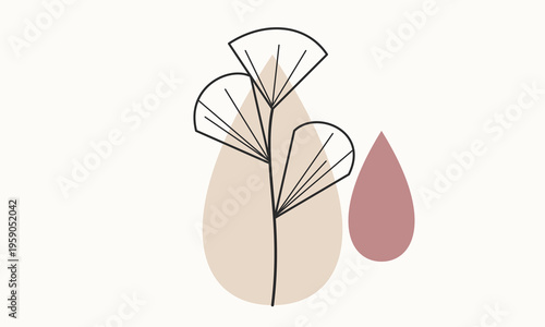 Minimalist art illustration featuring a ginkgo branch over a soft beige and dusty rose drop shape