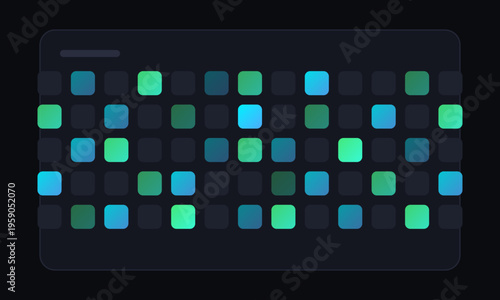 A digital abstract background featuring a grid of glowing green and blue rounded square elements