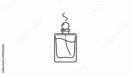 Minimalist perfume bottle icon with vapor trail, isolated on white background.